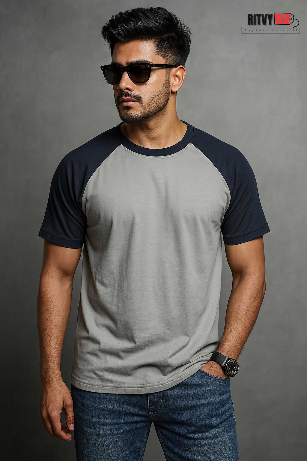 Raglan Half Sleeve T-shirt - Silver & Navy Blue