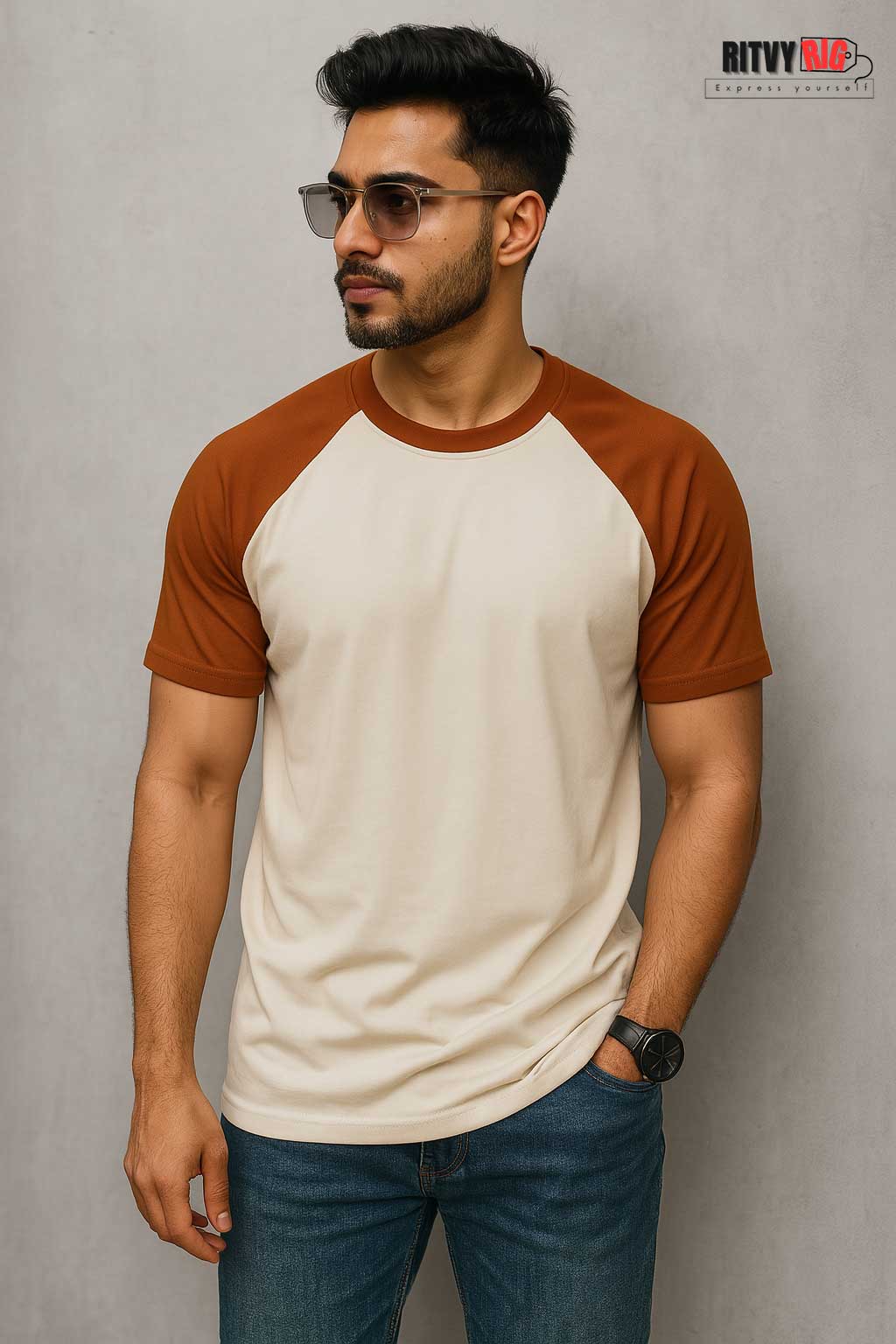 Raglan Half Sleeve T-shirt - Beige & Orange