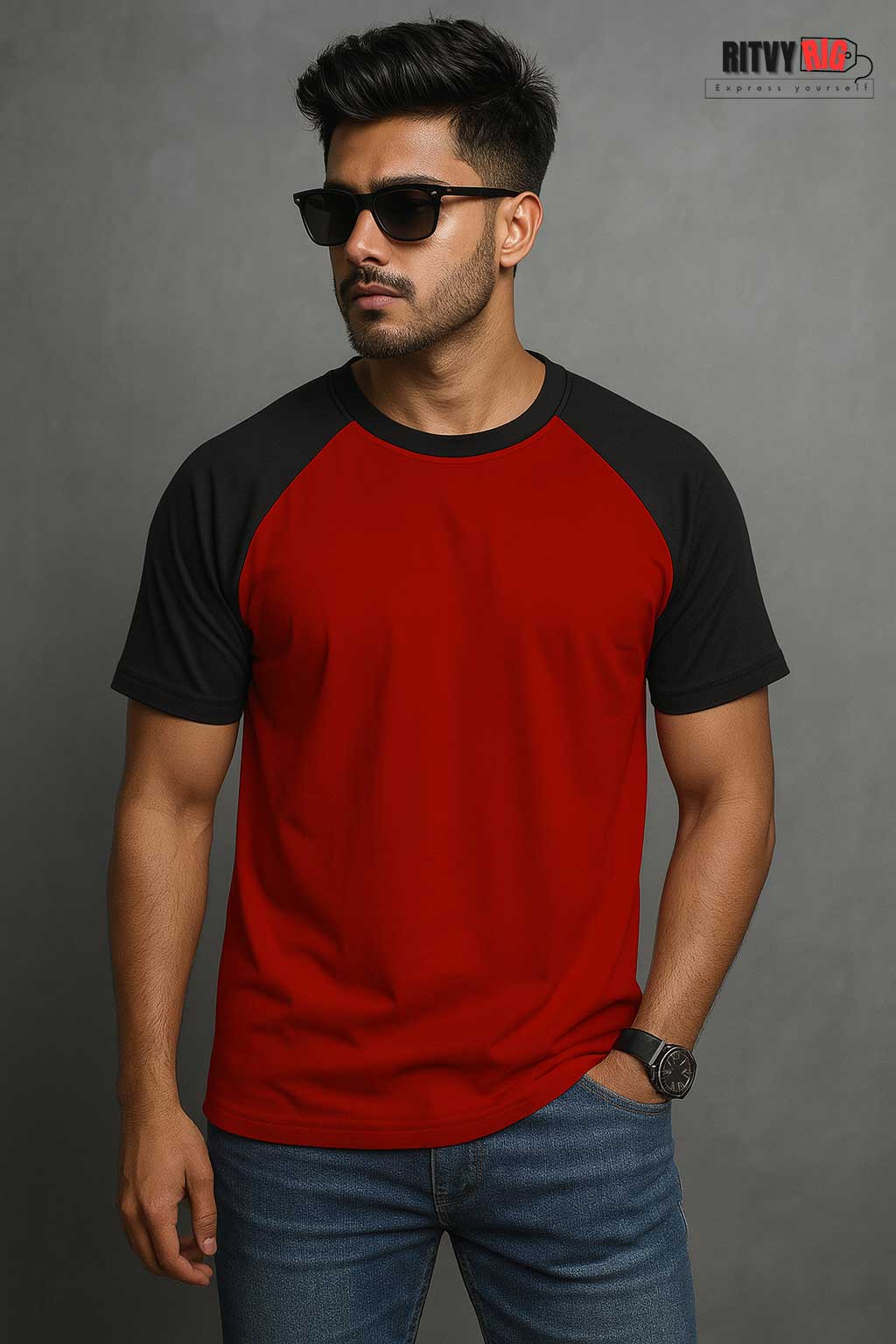 Raglan Half Sleeve T-shirt - Red & Black