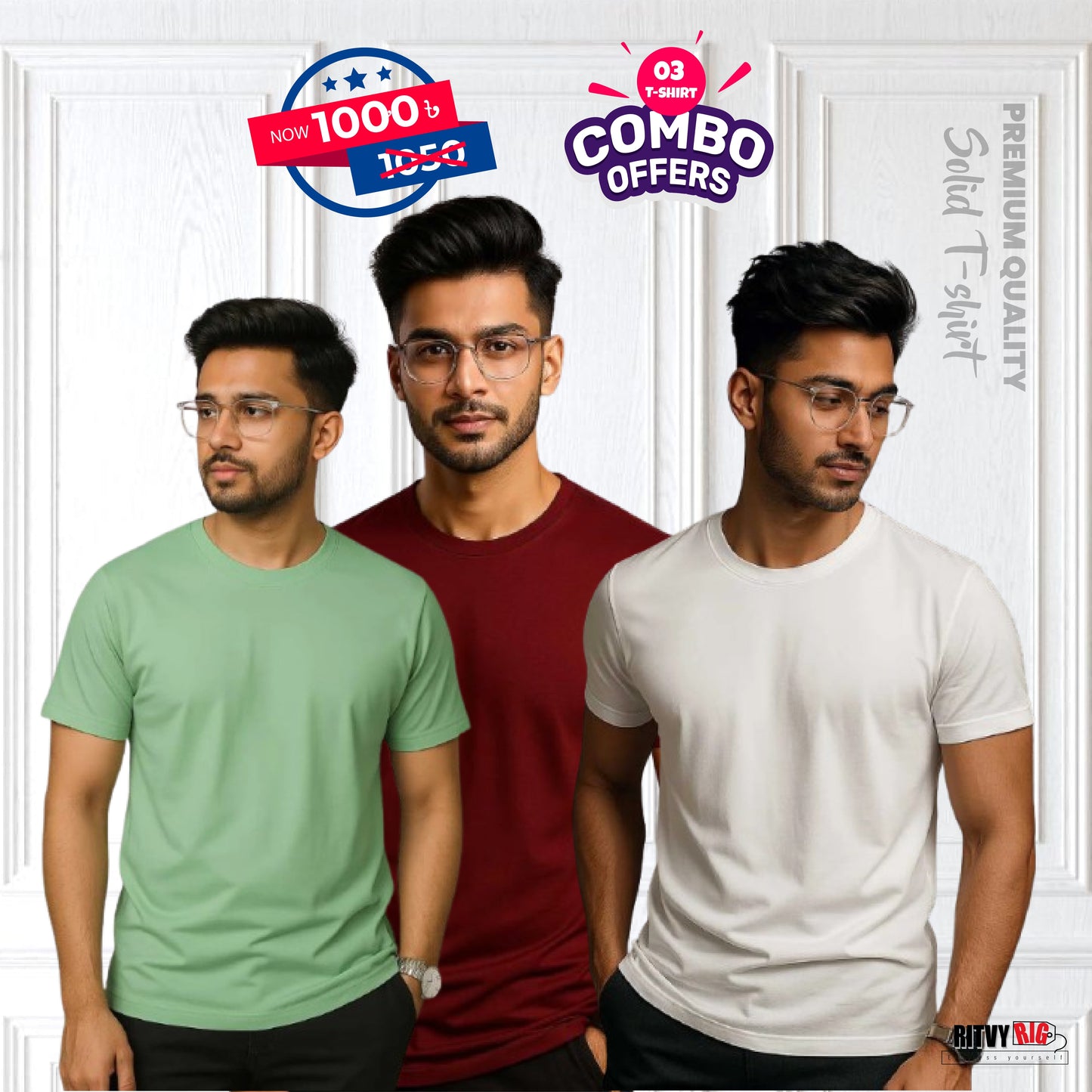 Premium Quality Solid T-shirt Combo (3pcs) - White, Maroon, Mint