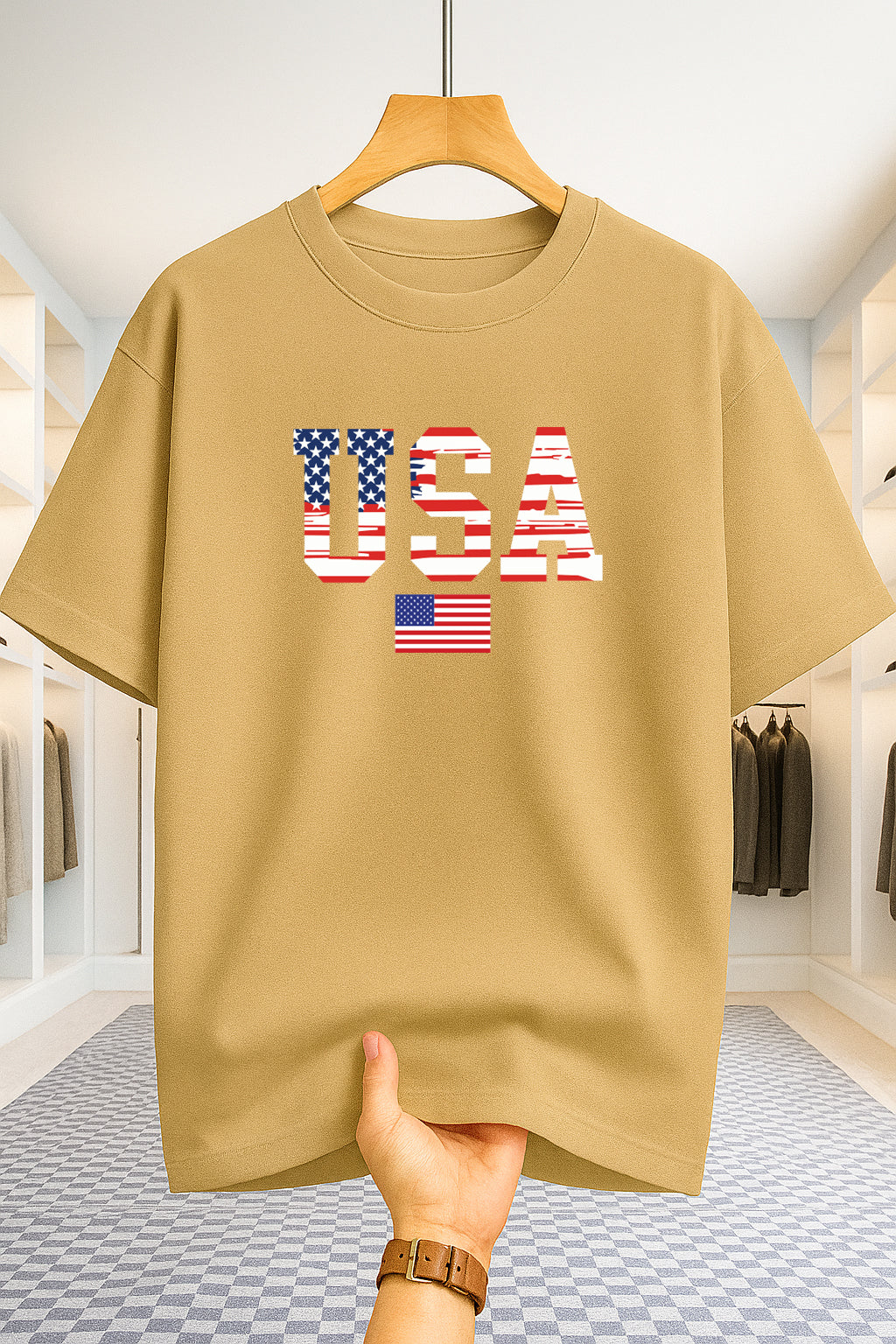 Drop Shoulder T-shirt - USA Star Flag - Beige