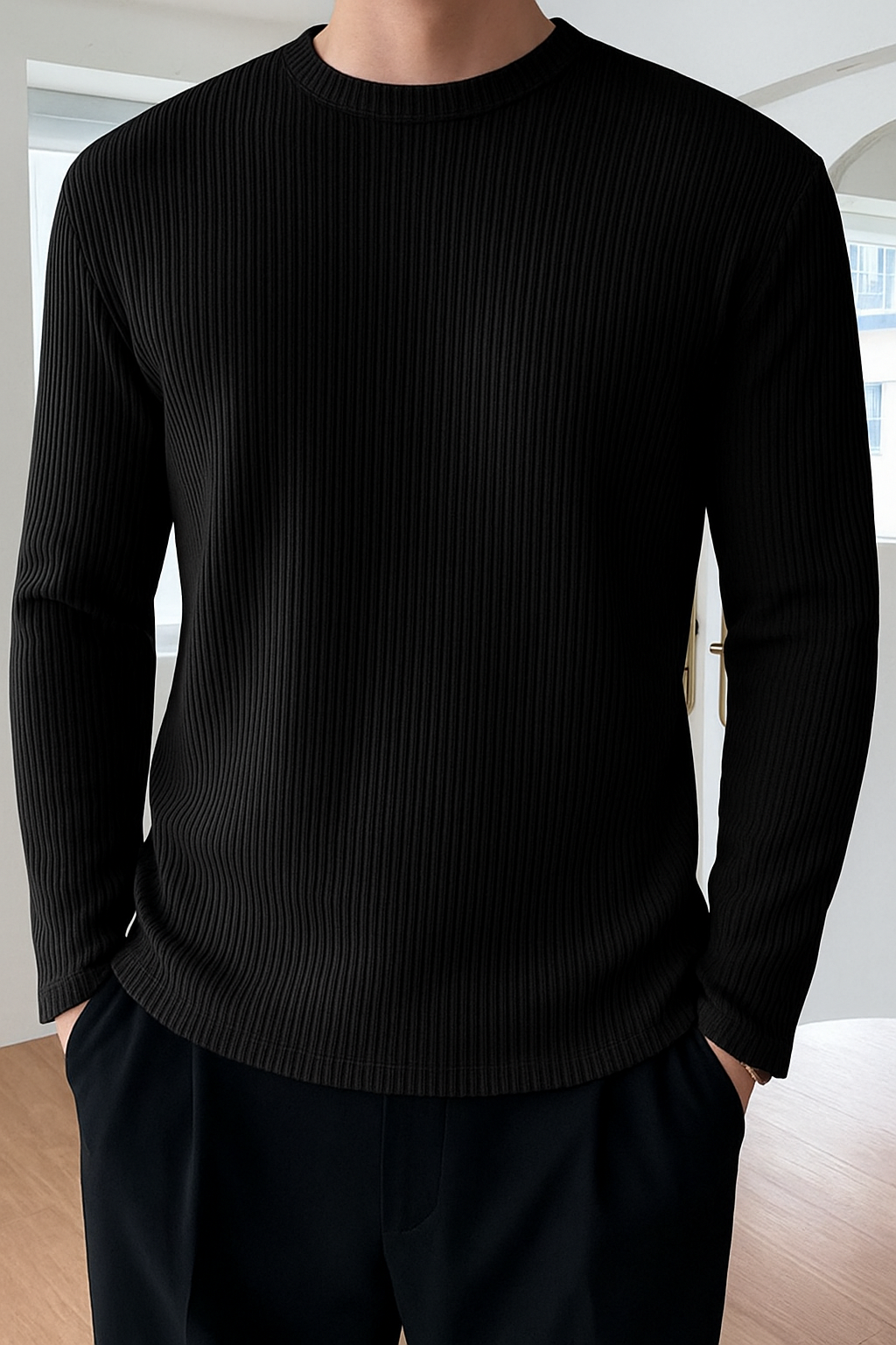Premium RIB Cotton Full Sleeve T-shirt - Black