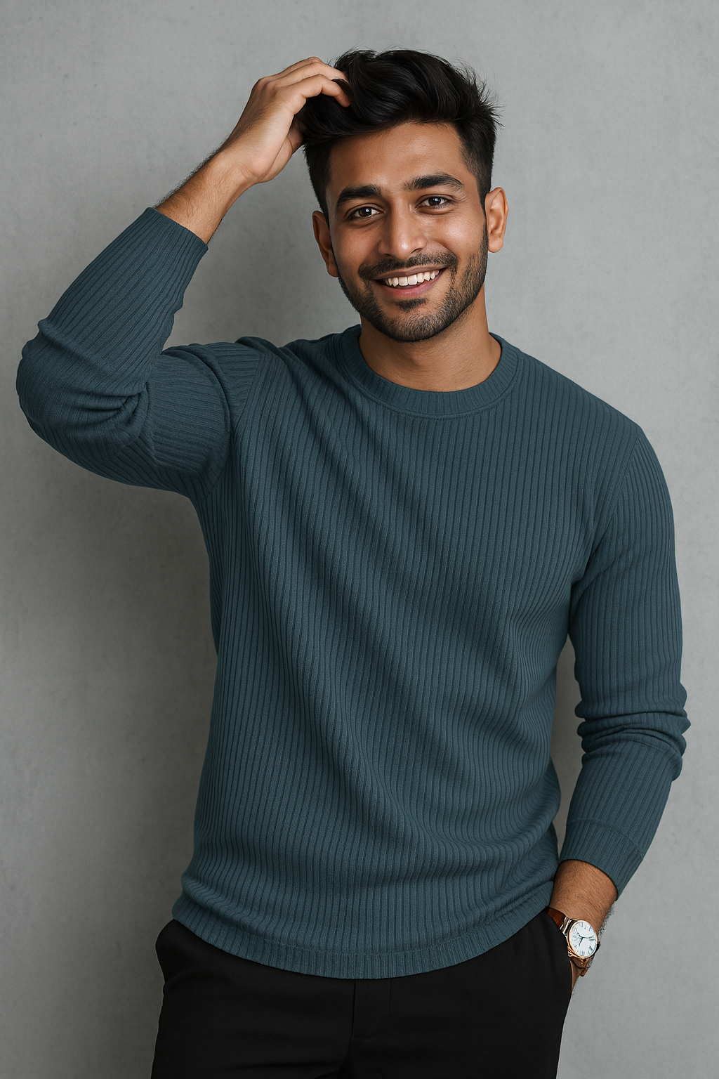 Premium RIB Cotton Full Sleeve T-shirt - Dark Blue