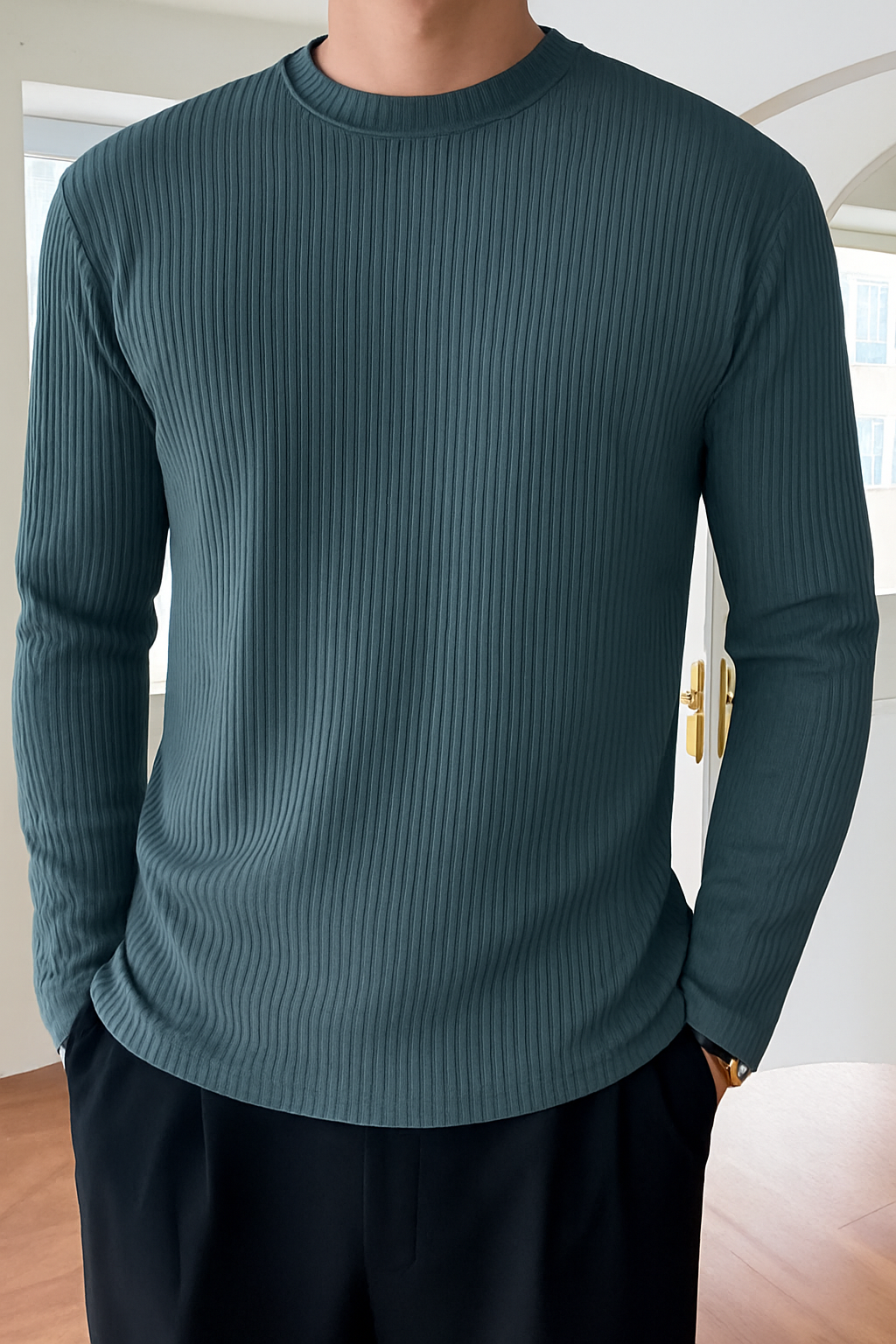 Premium RIB Cotton Full Sleeve T-shirt - Deep Blue