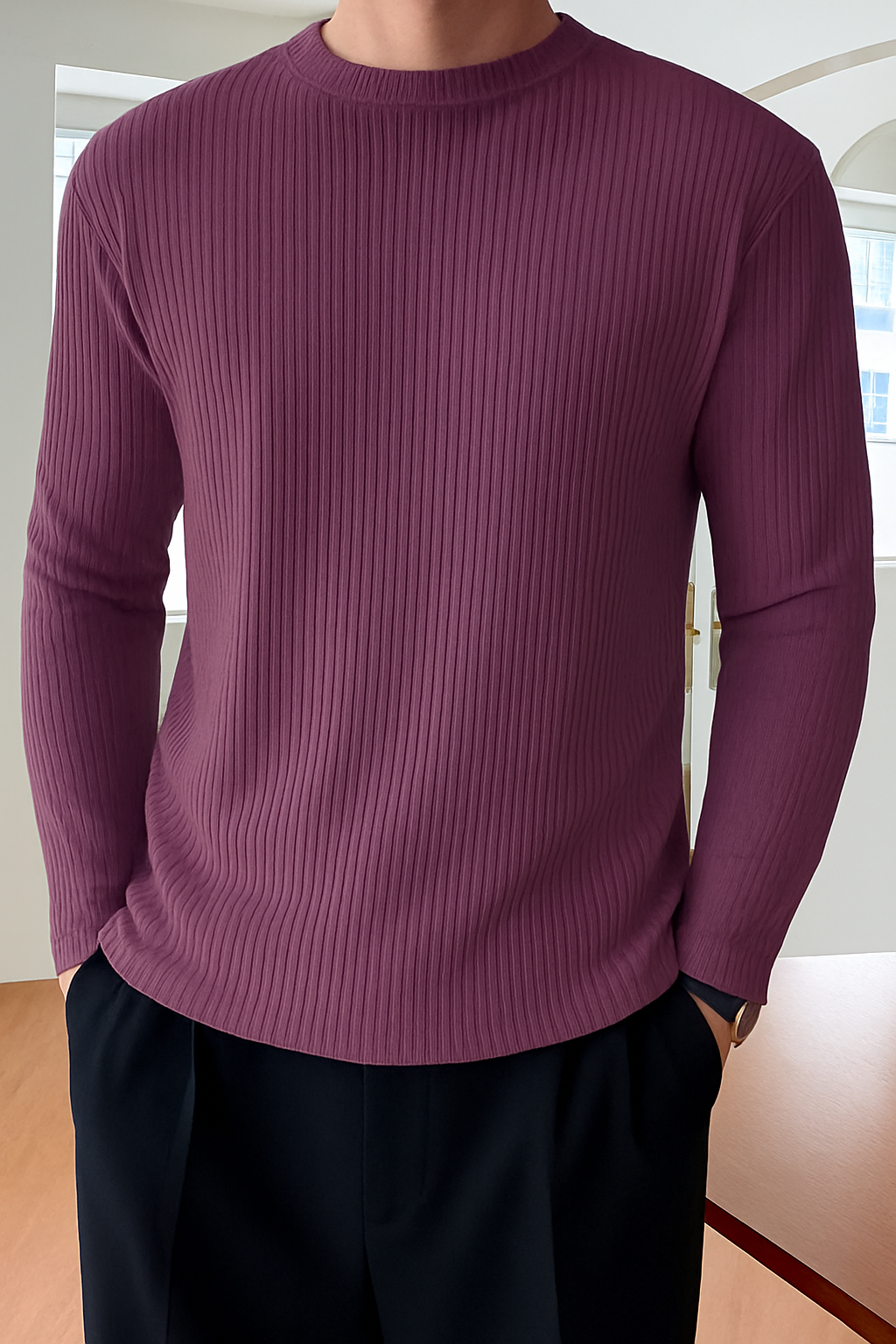 Premium RIB Cotton Full Sleeve T-shirt - Deep Ruby