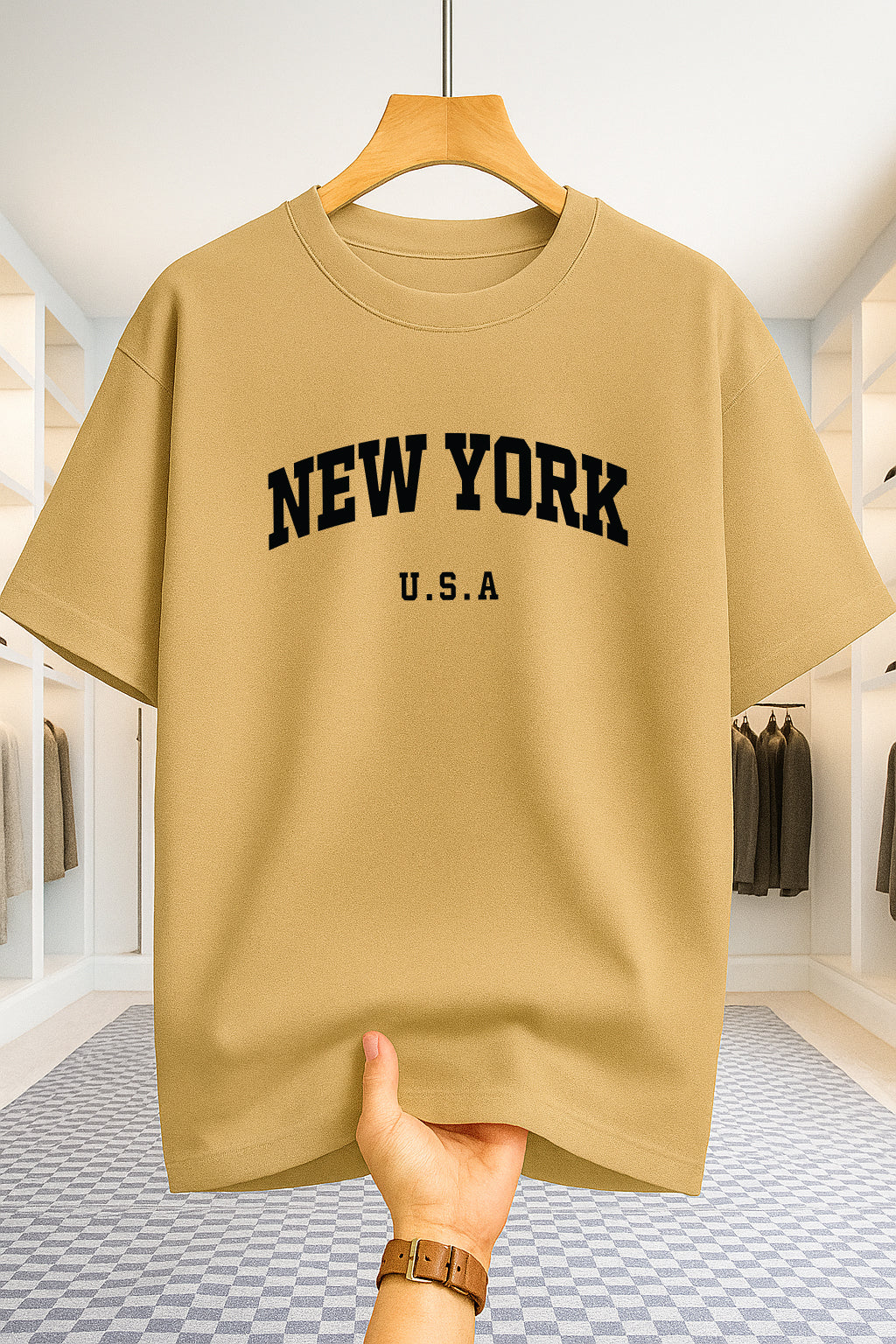 Drop Shoulder T-shirt - NewYork U.S.A - Beige