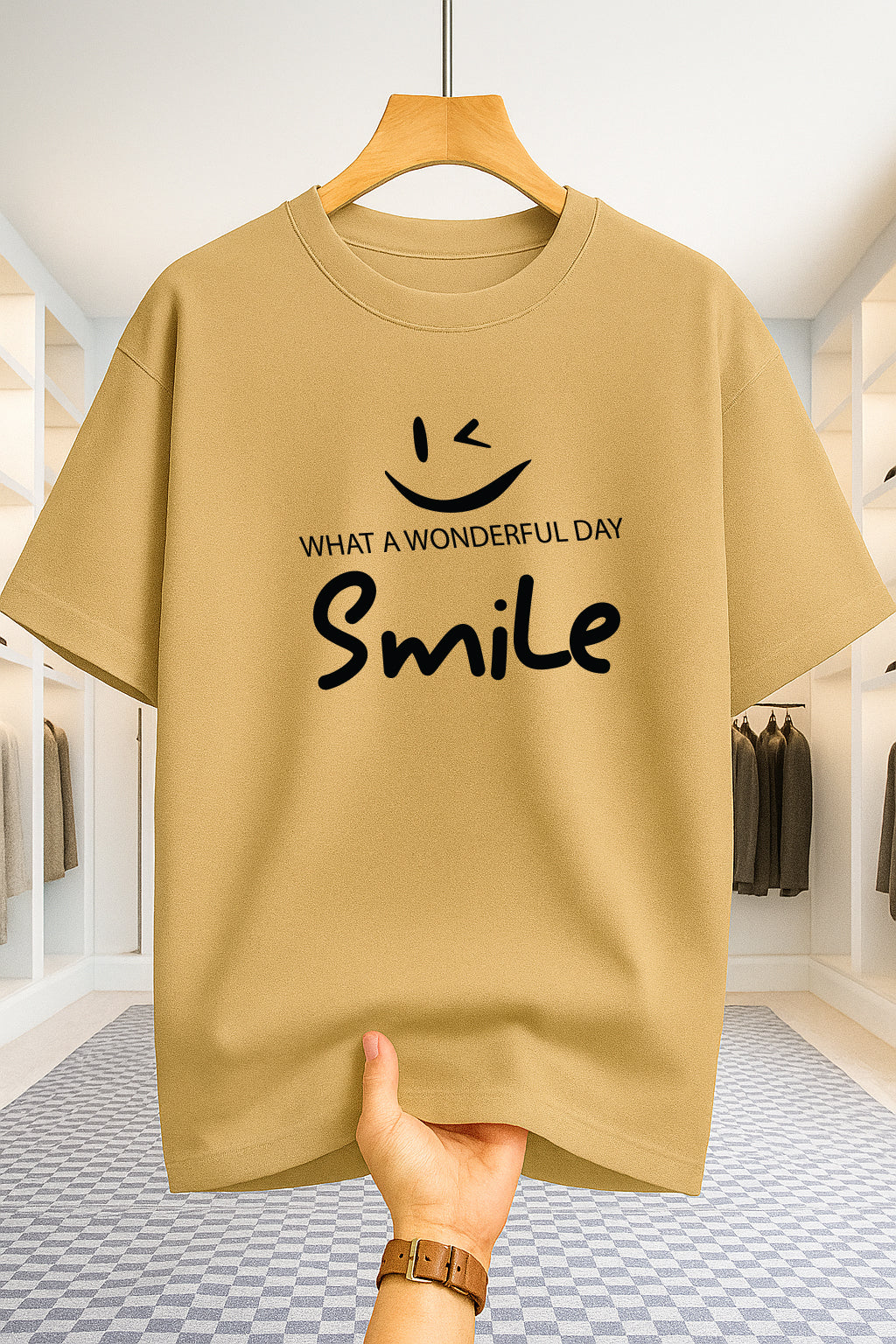 Drop Shoulder T-shirt - Smile - Beige