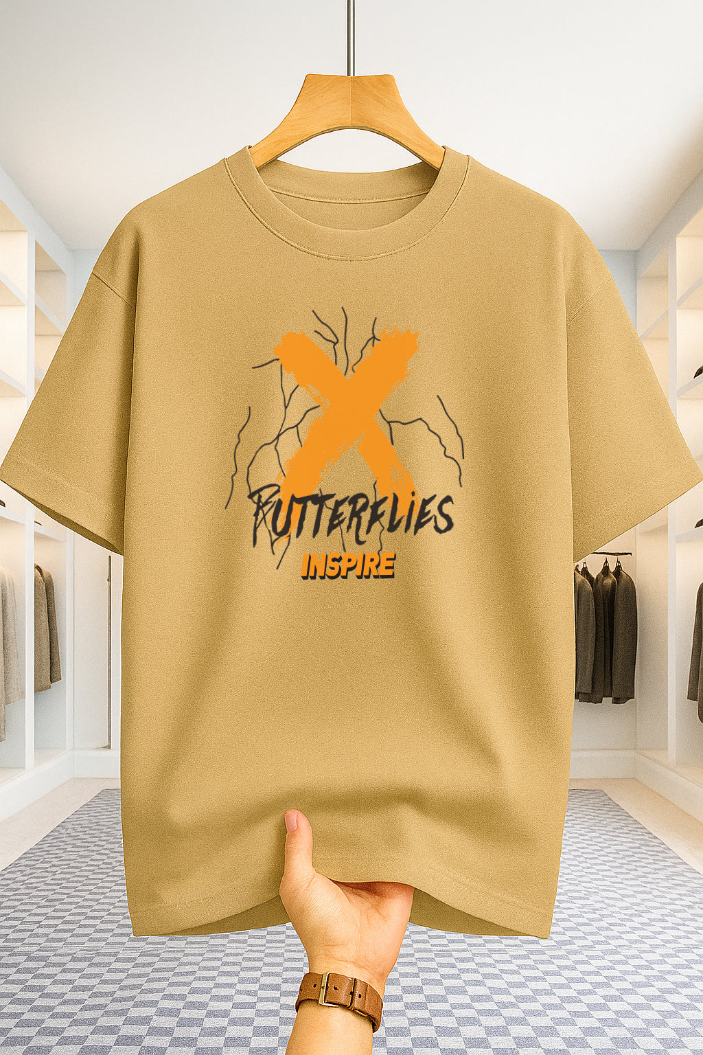 Drop Shoulder T-shirt - Butterflies - Beige