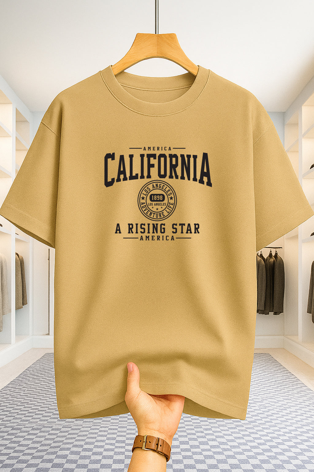 Drop Shoulder T-shirt - California U.S.A - Beige
