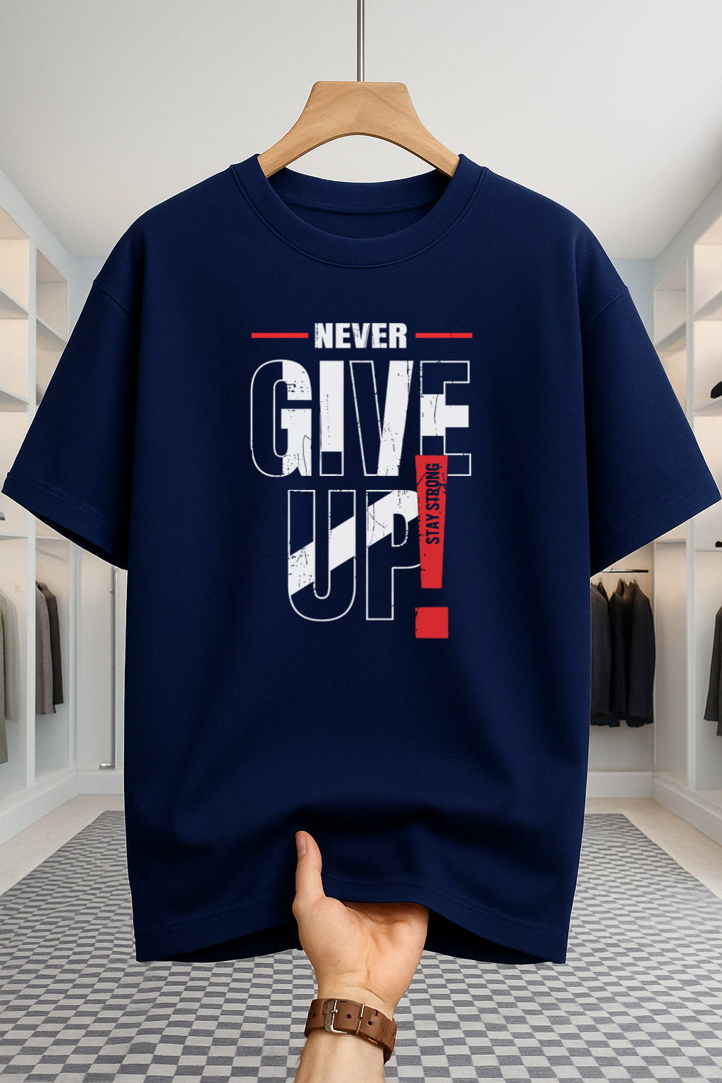 Drop Shoulder T-shirt - Never Give UP - Navy Blue