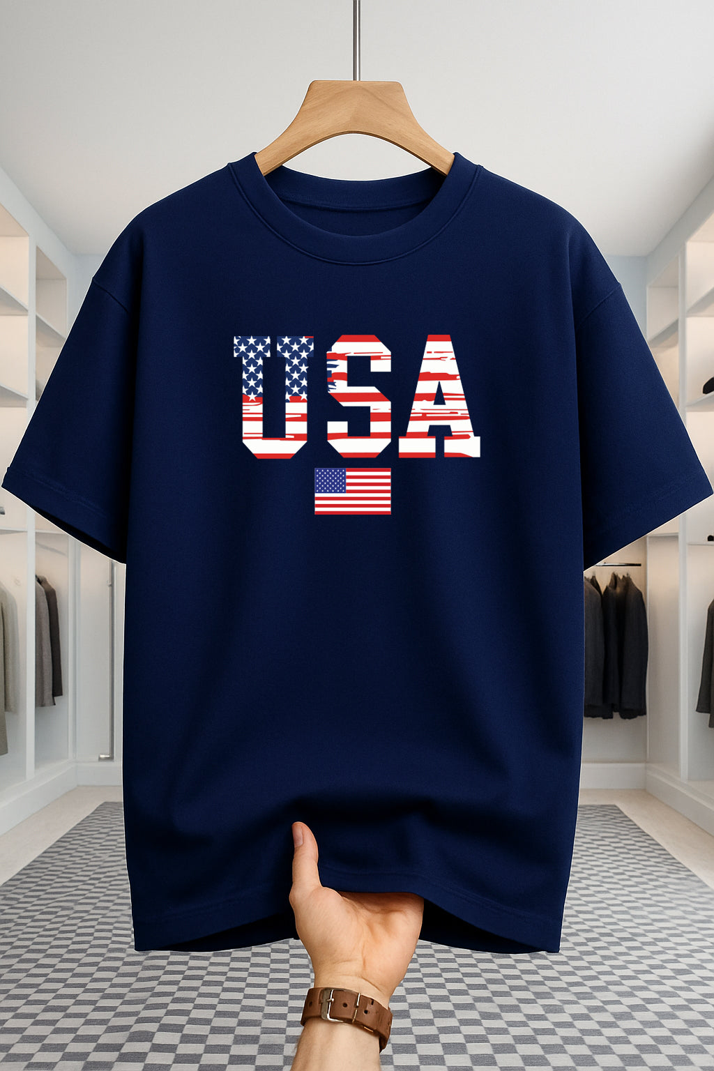 Drop Shoulder T-shirt - USA Star Flag - Navy Blue