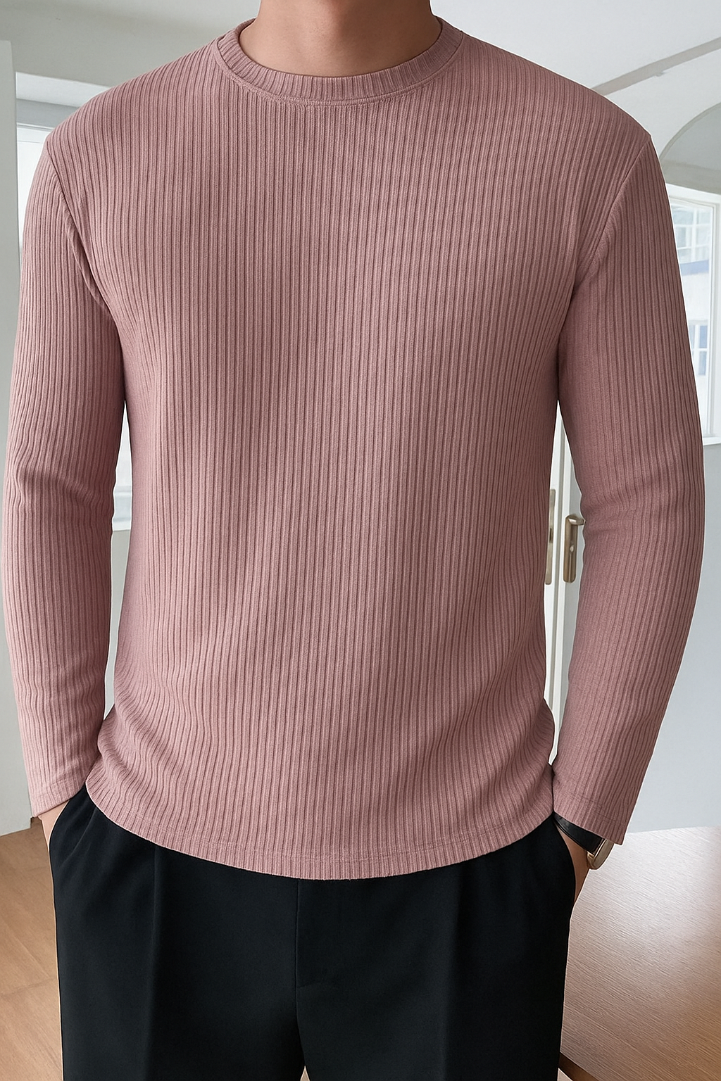 Premium RIB Cotton Full Sleeve T-shirt - Magenta