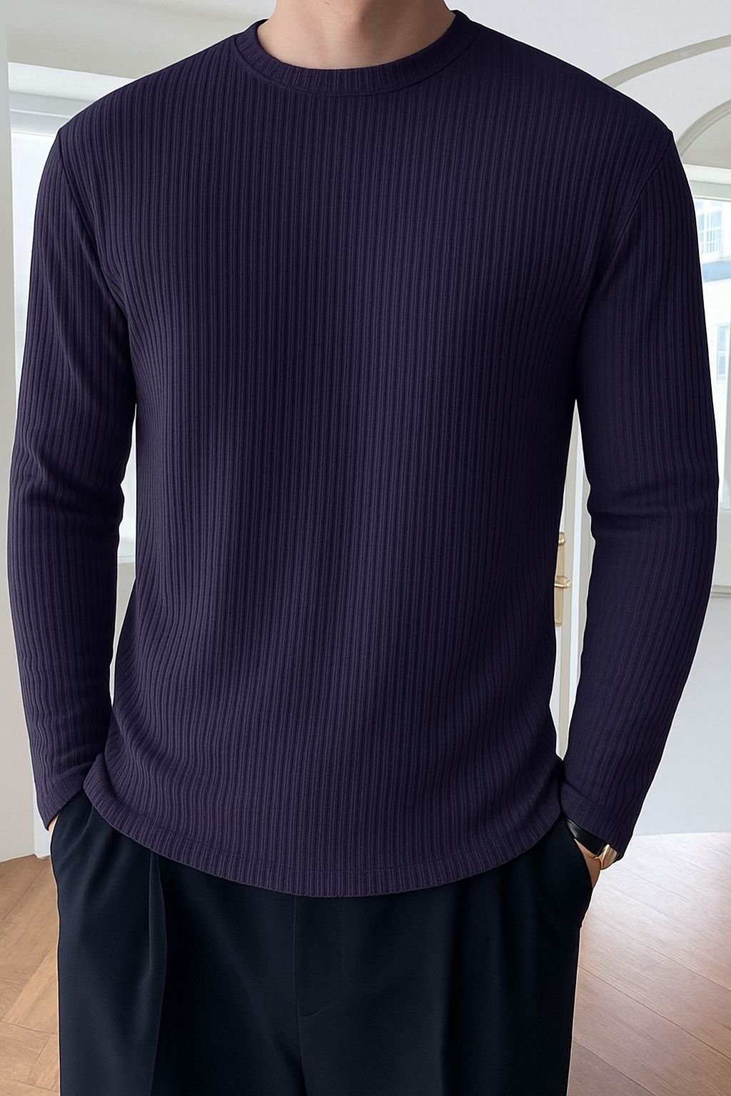 Premium RIB Cotton Full Sleeve T-shirt - Navy Blue
