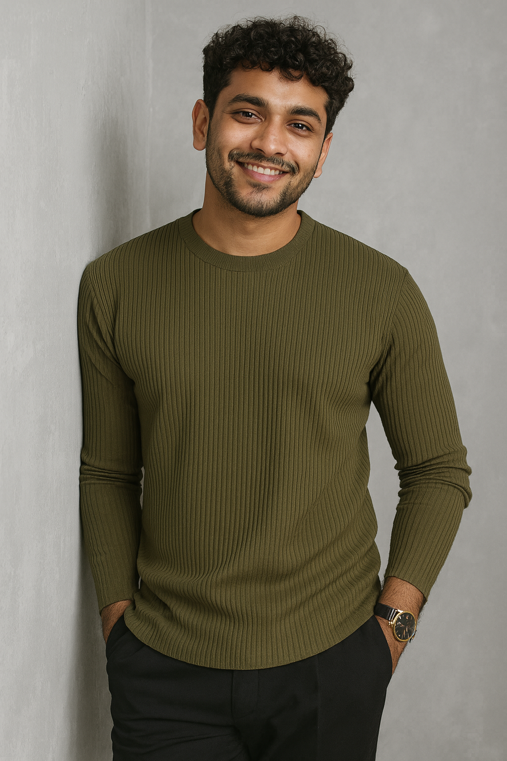 Premium RIB Cotton Full Sleeve T-shirt - Olive
