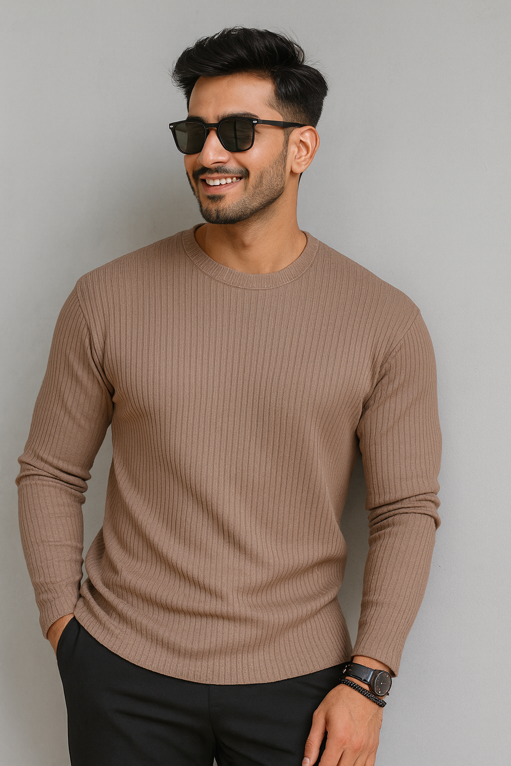 Premium RIB Cotton Full Sleeve T-shirt - Pastel Brown