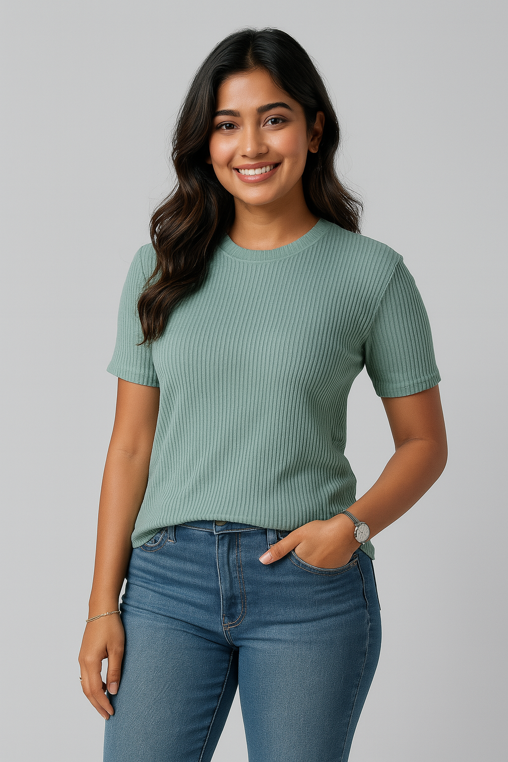 Premium Quality RIB T-shirt for Women - Cadet Blue