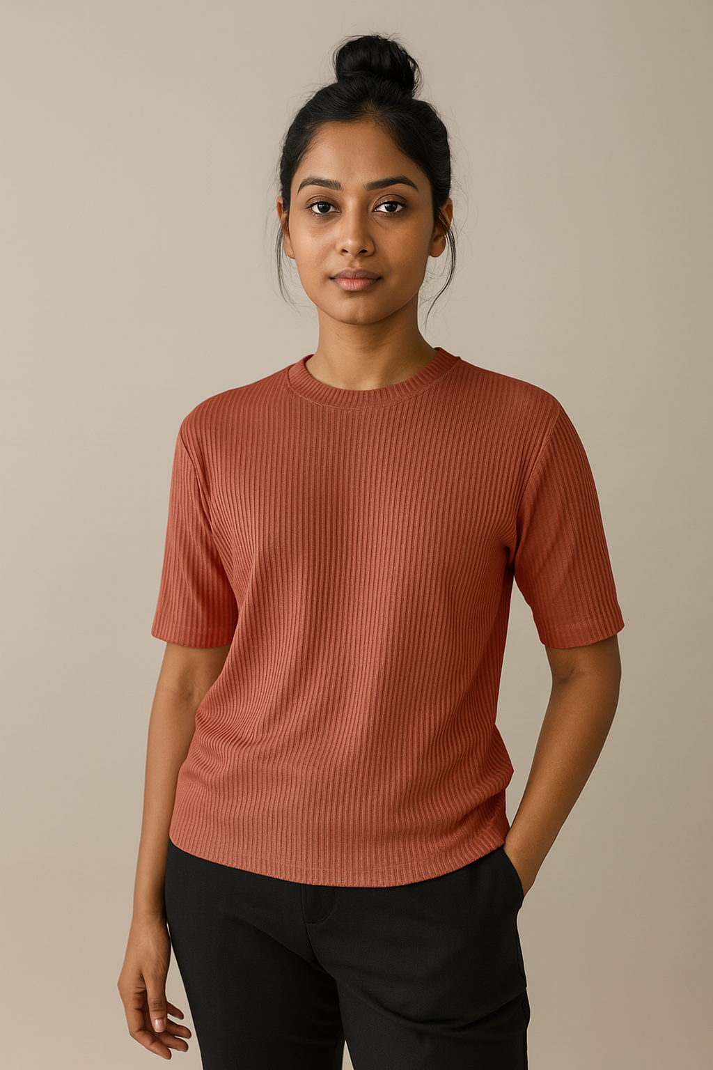 Premium Quality RIB T-shirt for Women - Red Orange