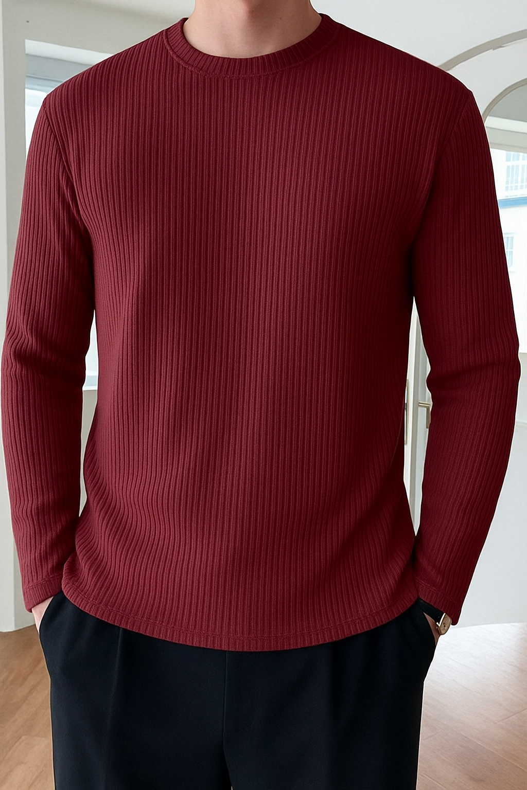 Premium RIB Cotton Full Sleeve T-shirt - Maroon