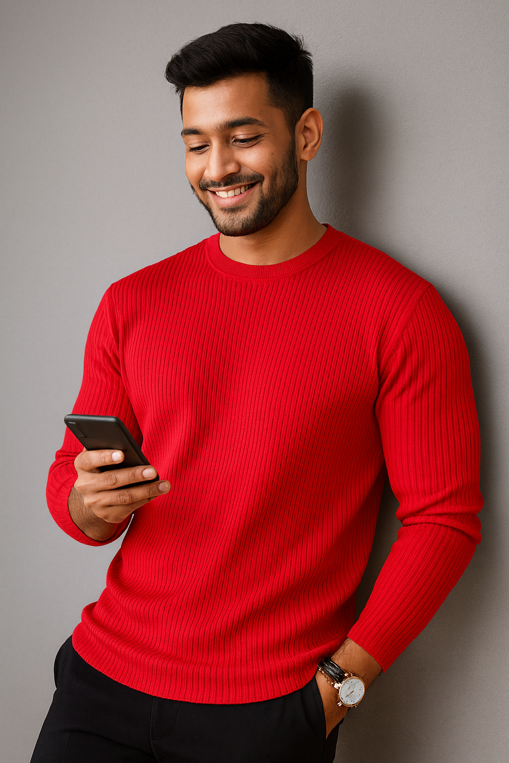 Premium RIB Cotton Full Sleeve T-shirt -Red