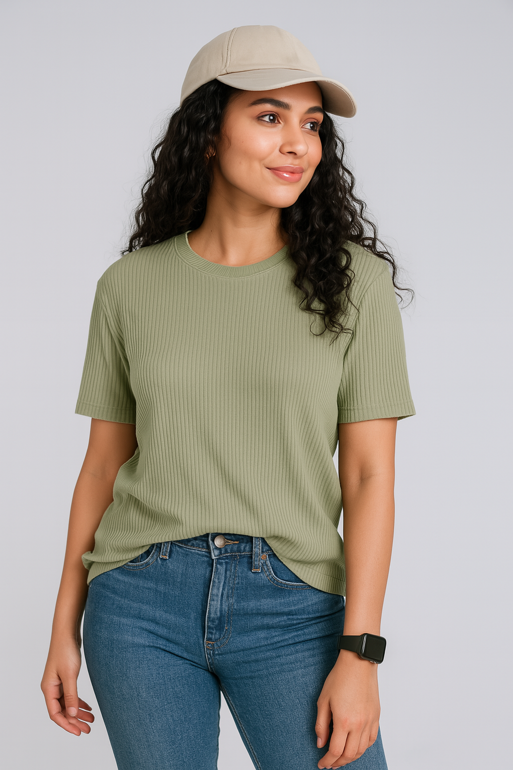 Premium Quality RIB T-shirt for Women - Sage