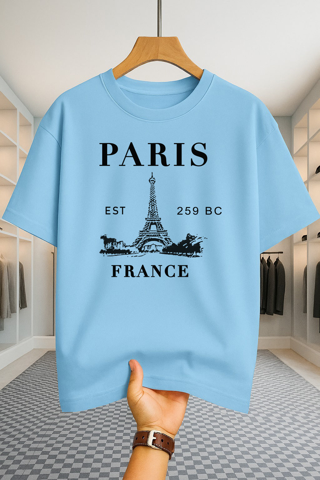 Drop Shoulder T-shirt - Paris France - Sky Blue