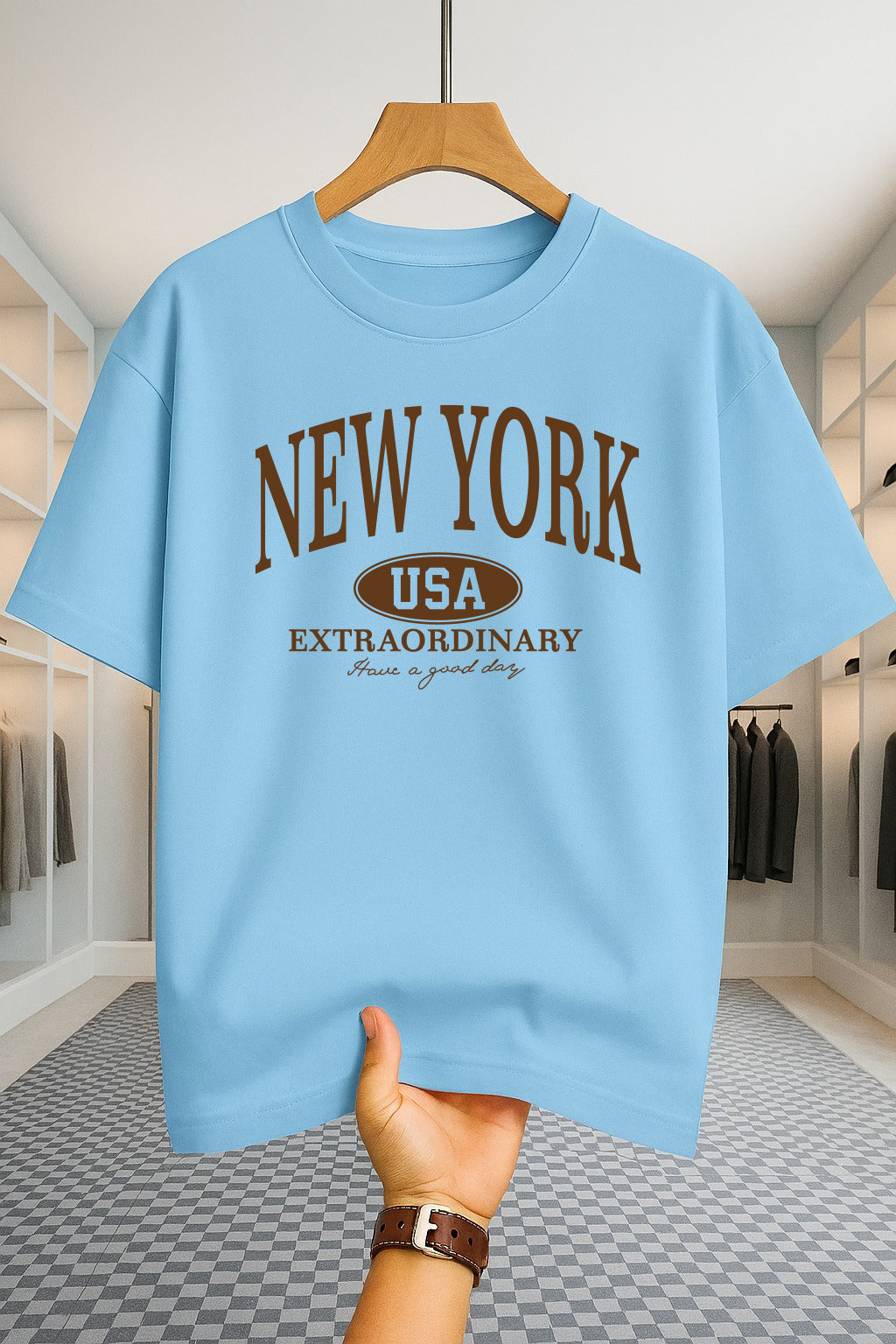 Drop Shoulder T-shirt - NewYork USA - Sky Blue