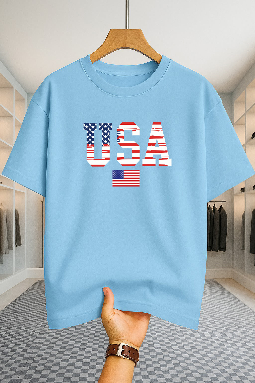 Drop Shoulder T-shirt - USA Star Flag - Sky Blue