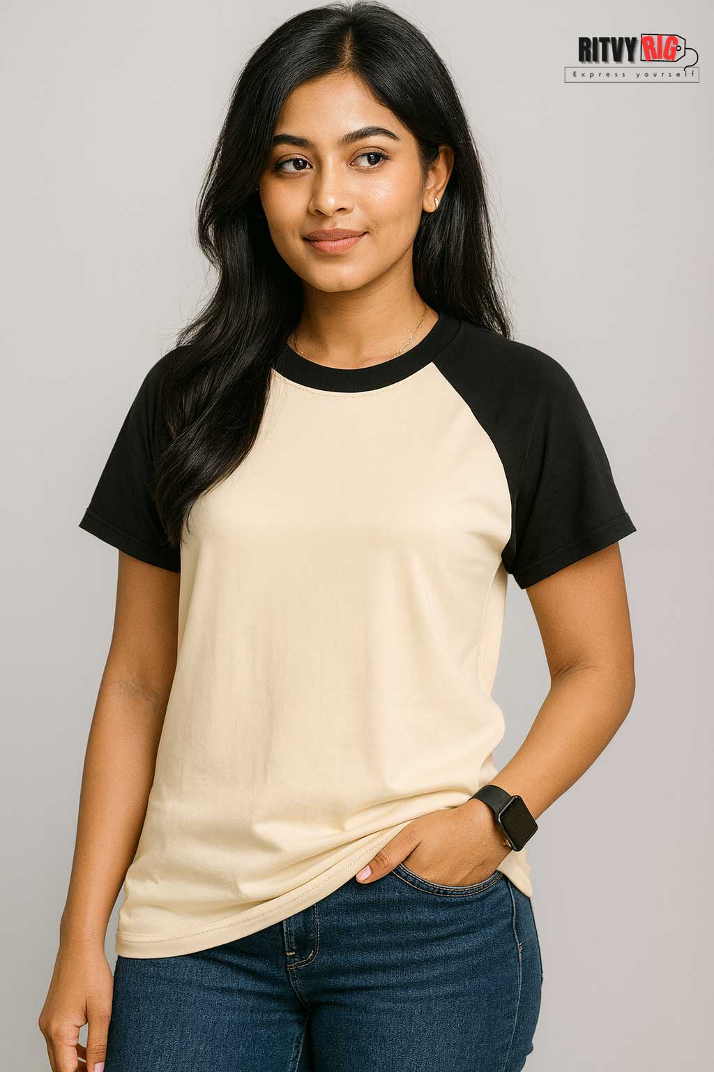 Premium Quality Raglan T-shirt for Women - Beige & Black