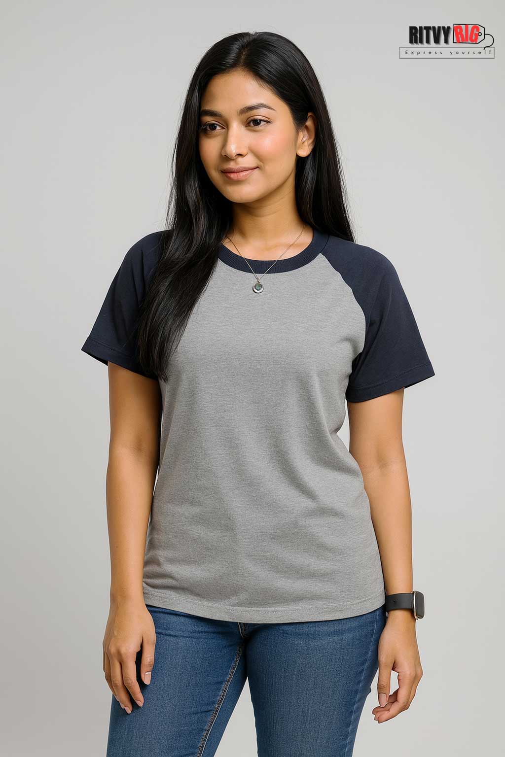 Premium Quality Raglan T-shirt for Women - Silver & Navy Blue