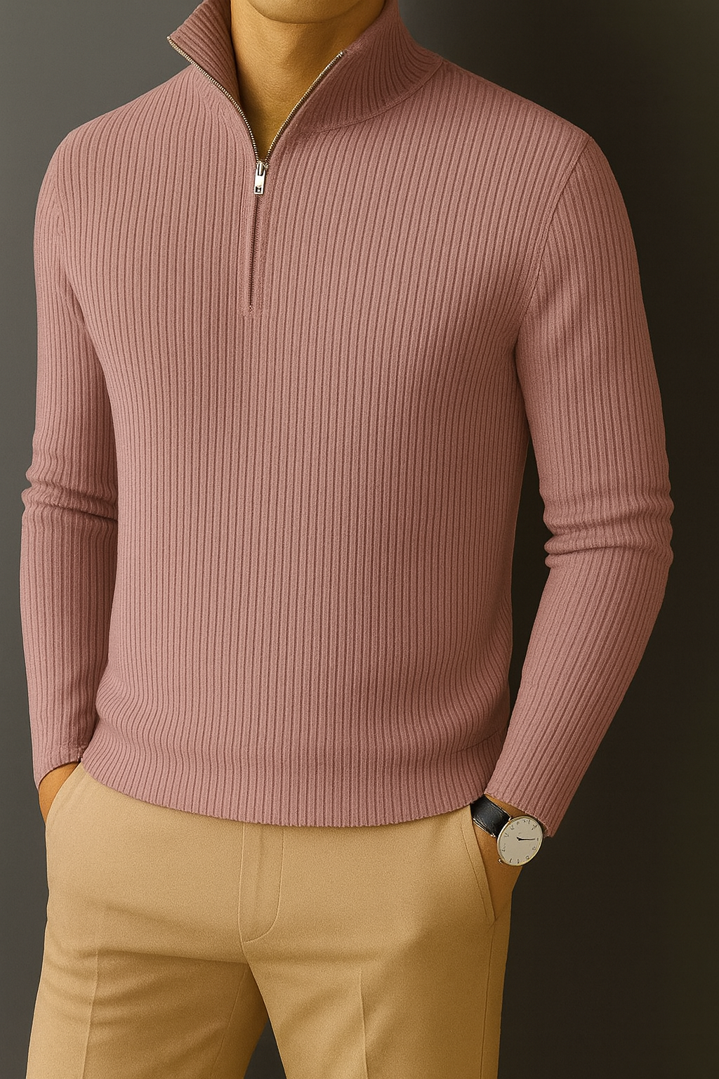 Premium Zipper RIB Cotton T-shirt - Baby Pink