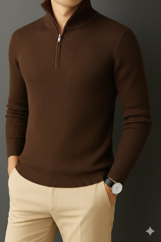 Premium Zipper RIB Cotton T-shirt - Coffee Bean