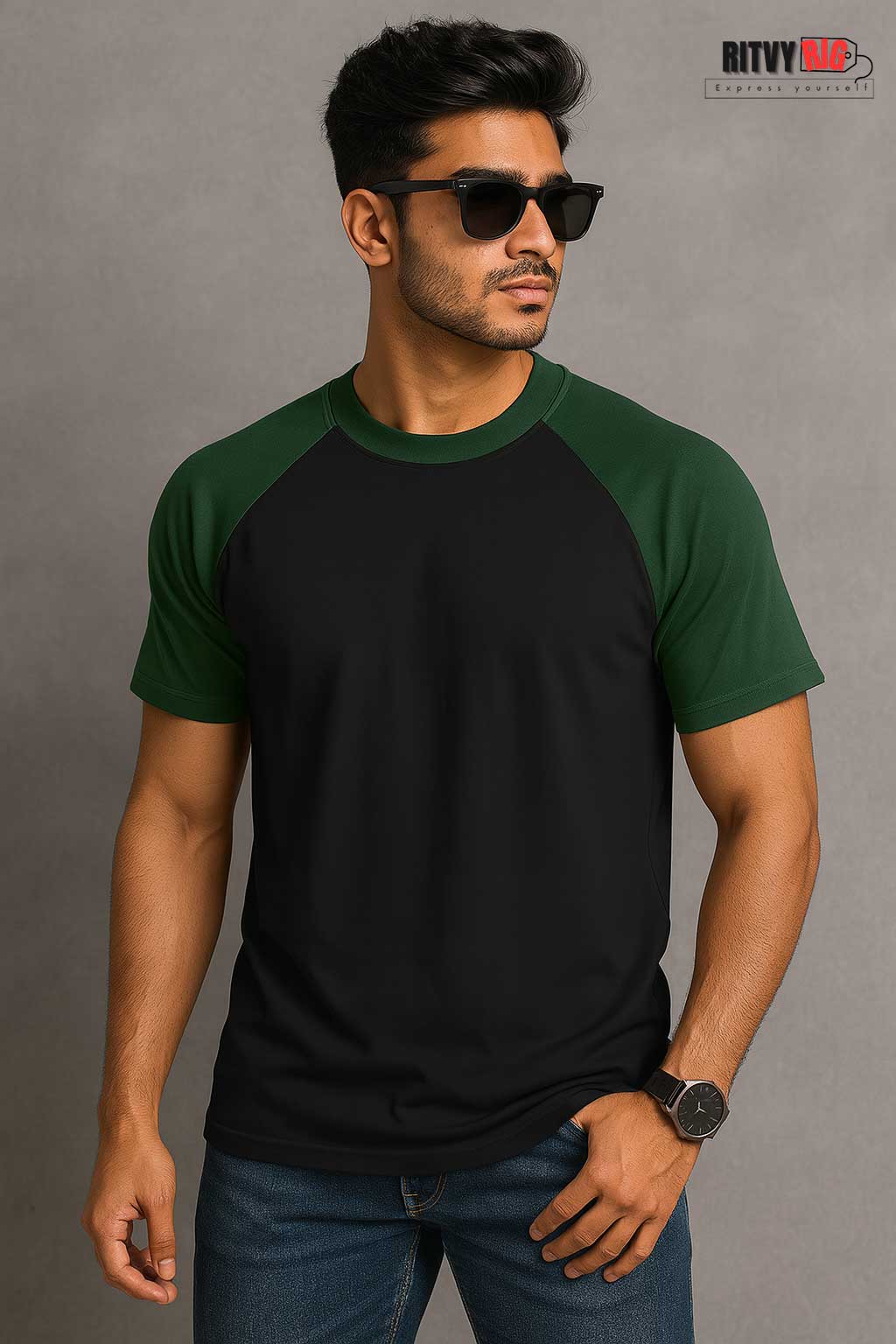 Raglan Half Sleeve T-shirt - Black & Green