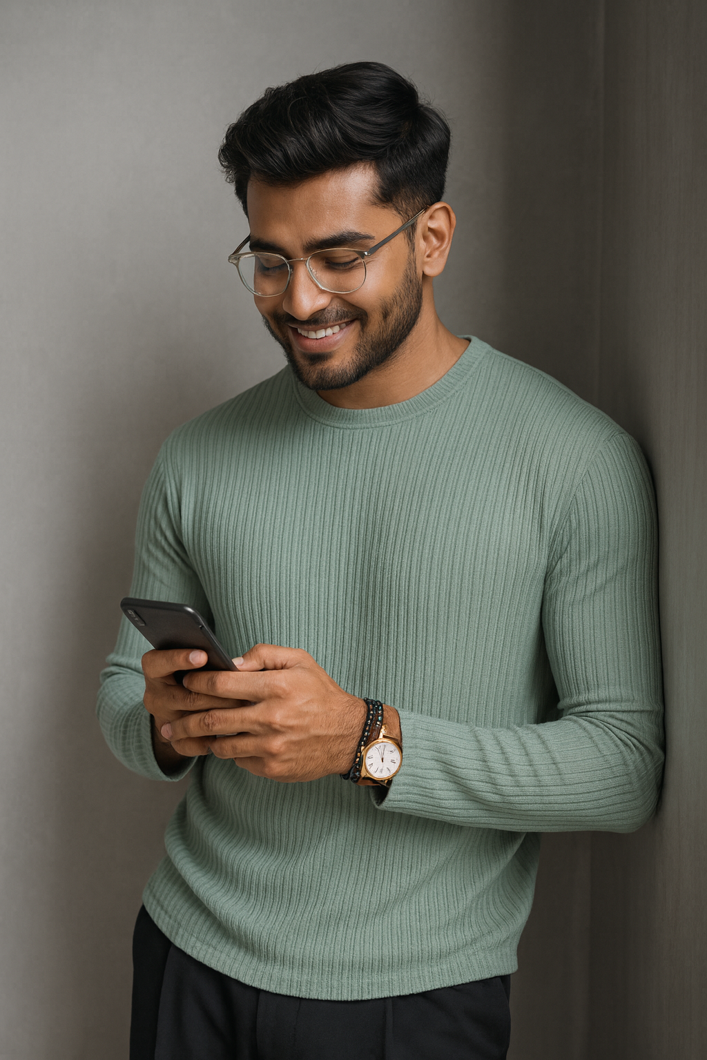 Premium RIB Cotton Full Sleeve T-shirt - Cadet Blue