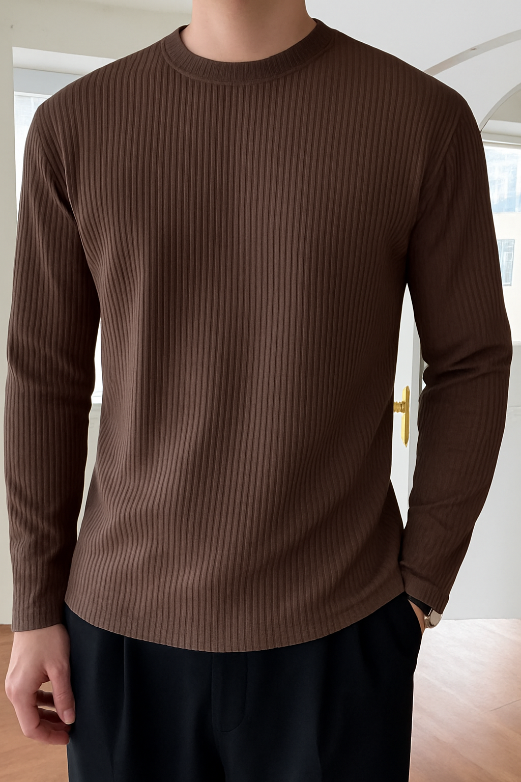 Premium RIB Cotton Full Sleeve T-shirt - Chocolate