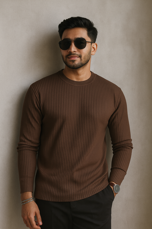 Premium RIB Cotton Full Sleeve T-shirt - Chocolate