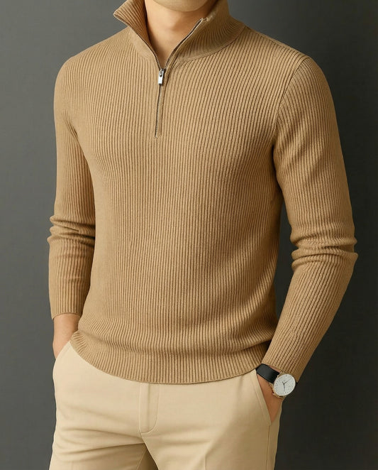 Premium Zipper RIB Cotton T-shirt - Cream