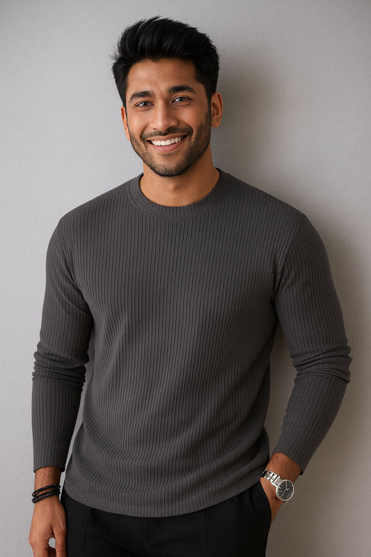 Premium RIB Cotton Full Sleeve T-shirt - Dark Grey