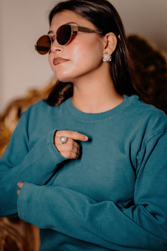 Women's  RIB Cotton Full Sleeve T-shirt - Deep Blue