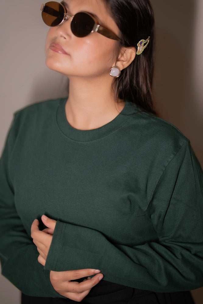 Women's  RIB Cotton Full Sleeve T-shirt - Green
