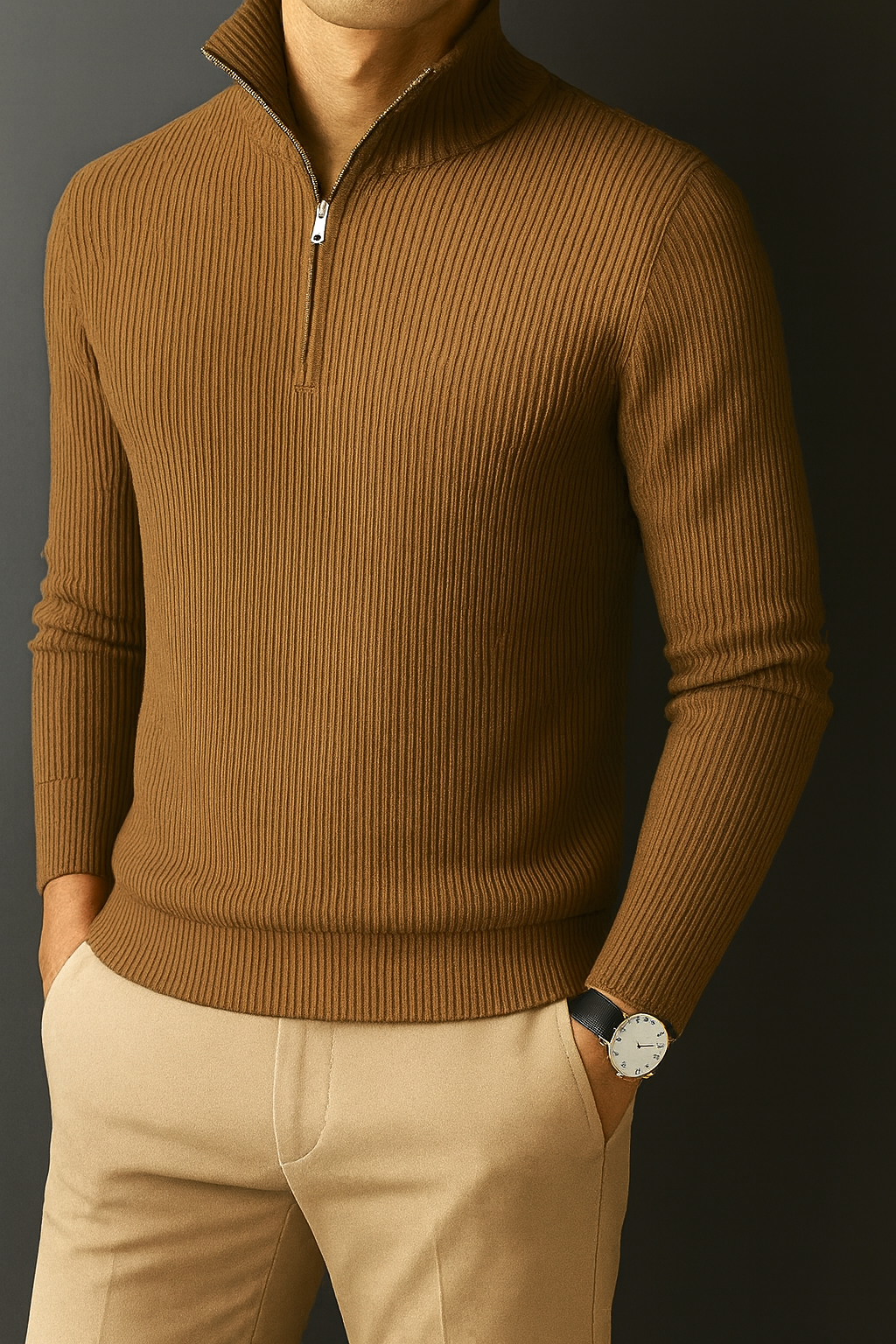 Premium Zipper RIB Cotton T-shirt - Dirt Brown