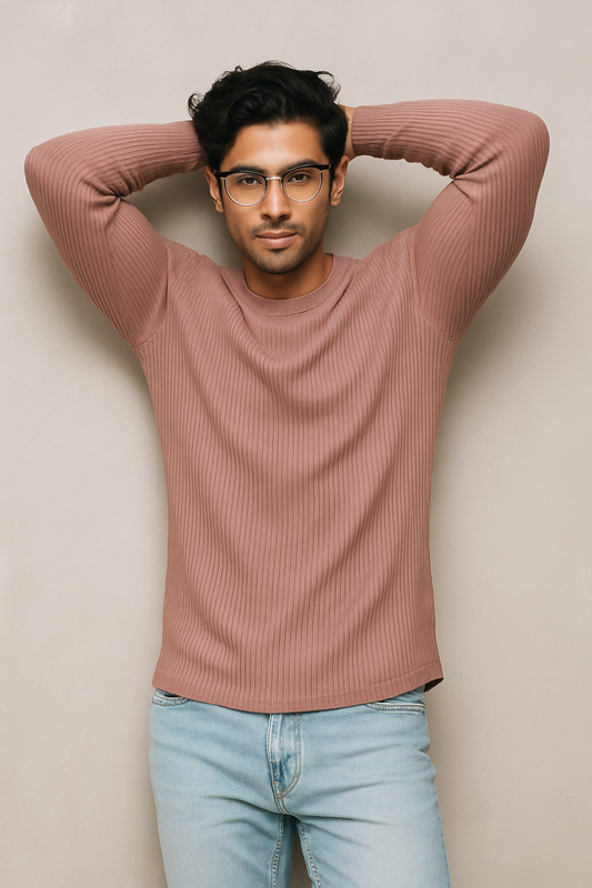 Premium RIB Cotton Full Sleeve T-shirt - Magenta