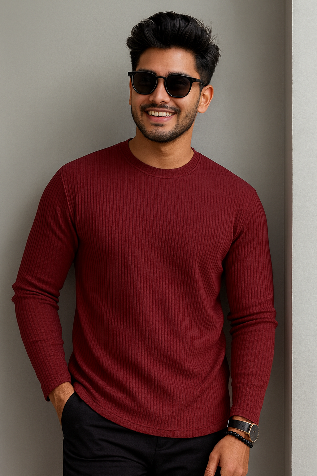 Premium RIB Cotton Full Sleeve T-shirt - Maroon