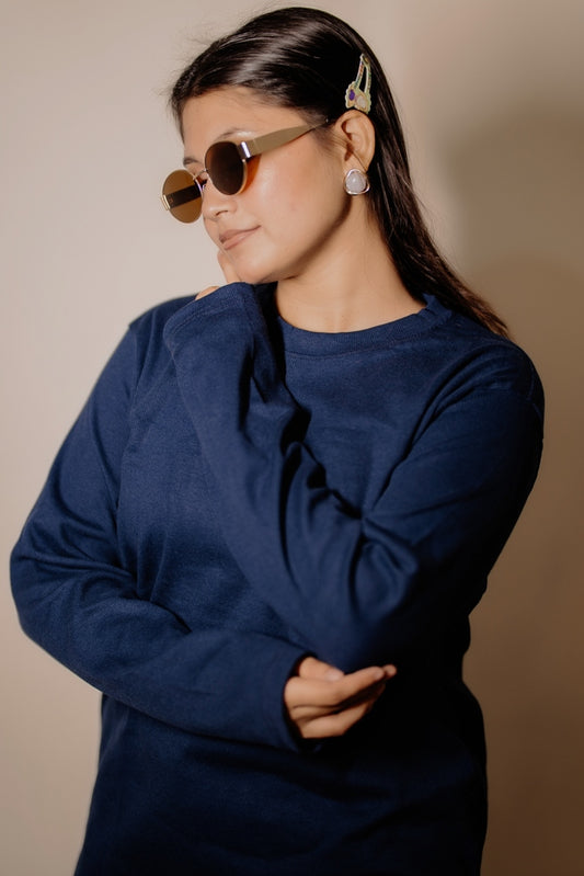 Women's  RIB Cotton Full Sleeve T-shirt - Navy Blue