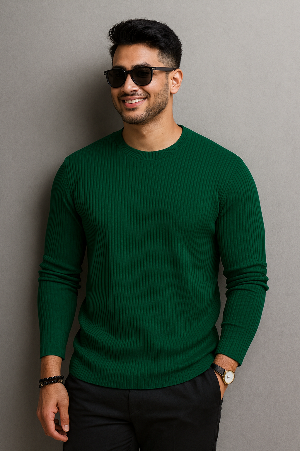 Premium RIB Cotton Full Sleeve T-shirt - Olive Green