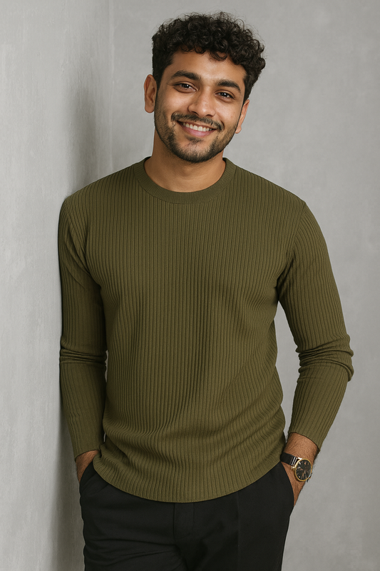 Premium RIB Cotton Full Sleeve T-shirt - Olive