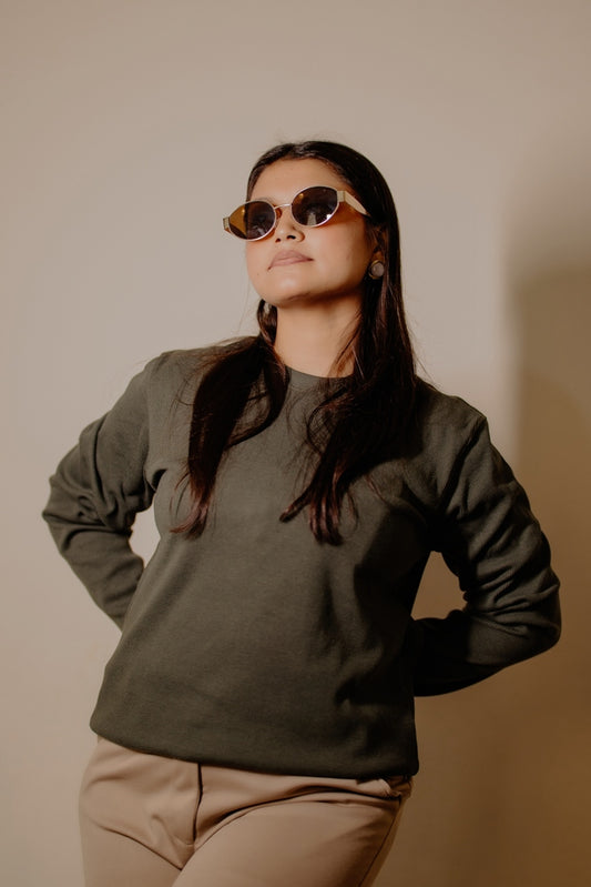 Women's  RIB Cotton Full Sleeve T-shirt - Olive