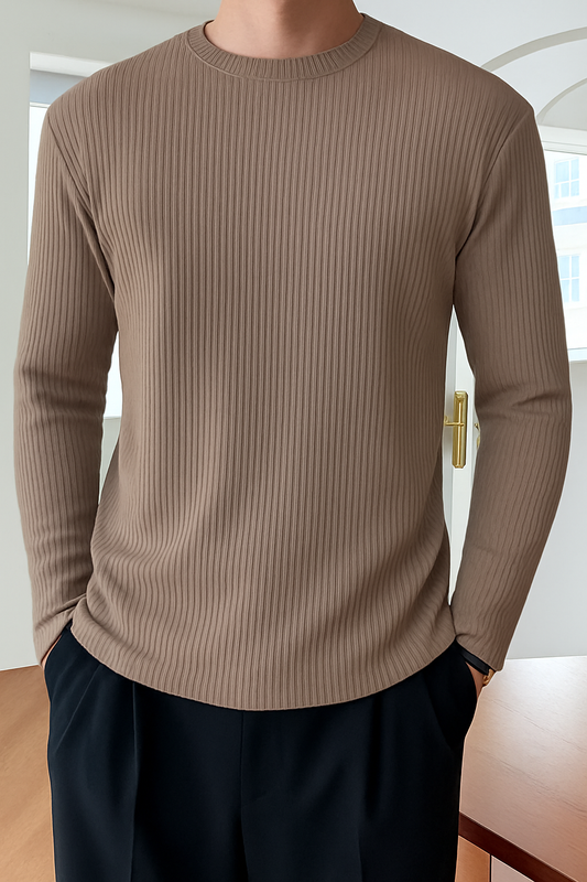 Premium RIB Cotton Full Sleeve T-shirt - Pastel Brown