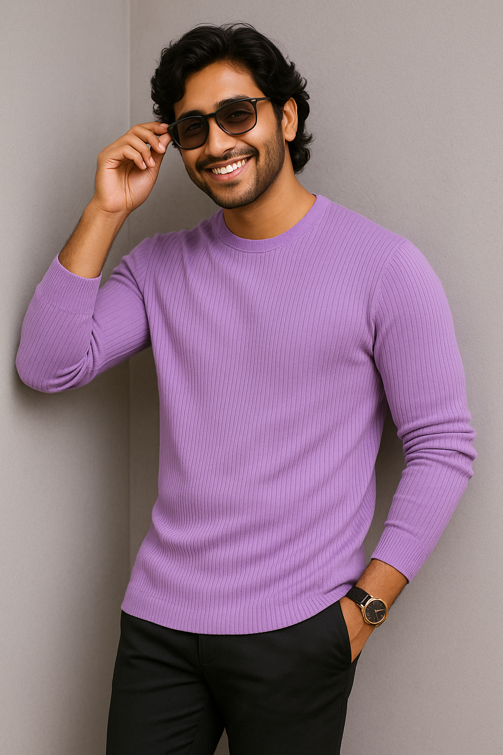 Premium RIB Cotton Full Sleeve T-shirt - Purple