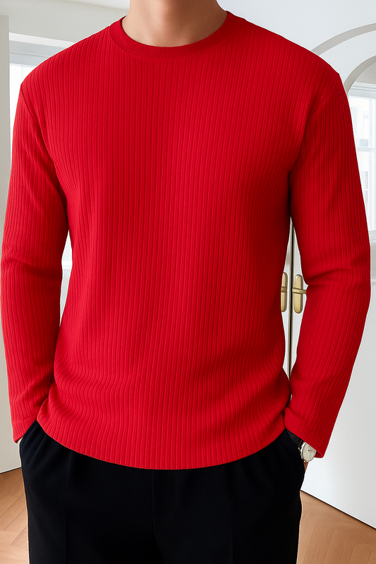 Premium RIB Cotton Full Sleeve T-shirt - Red