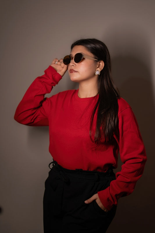 Women's  RIB Cotton Full Sleeve T-shirt - Red